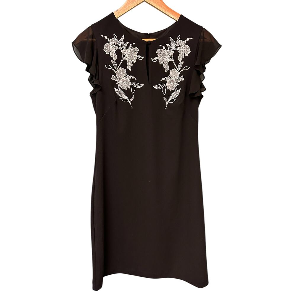 White House Black Market Embroidered Dress Small Black‎ Floral Classic
